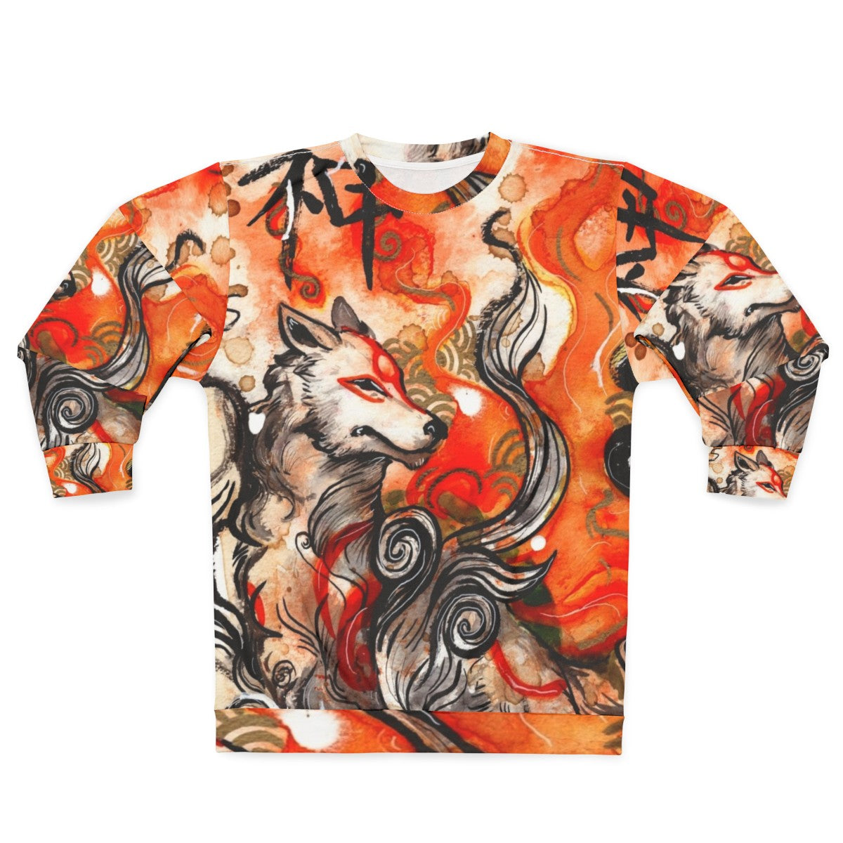 Okami Amaterasu inspired sweatshirt featuring a wolf-themed ink wash painting design