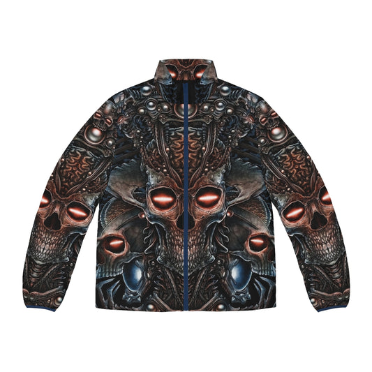 Dark fantasy puffer jacket with alien skull design