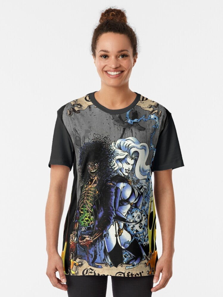 Graphic t-shirt featuring lady death and evil ernie with flames, fire, and a scroll banner - Women