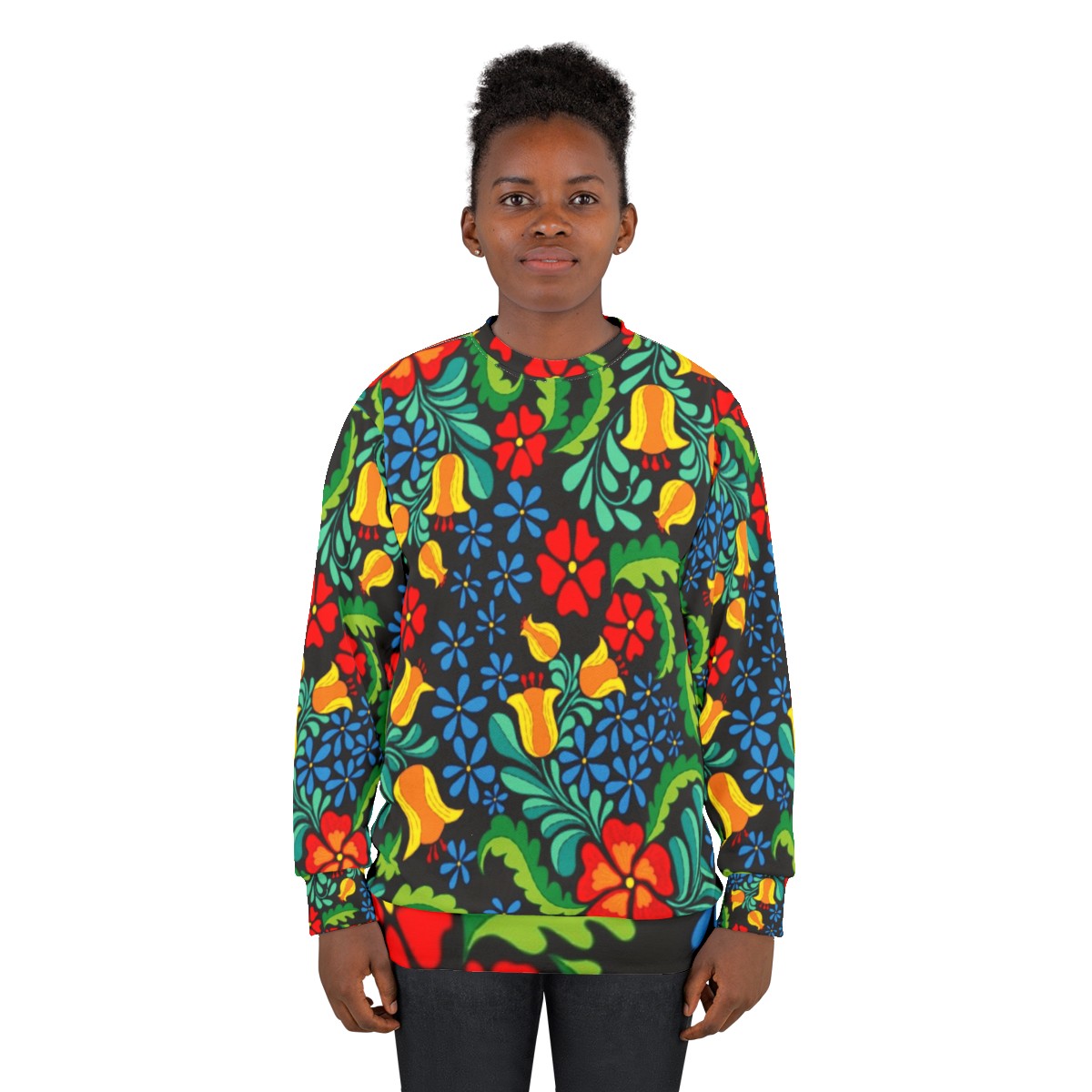 Ethnic Mexican Sweatshirt with Vibrant Abstract Floral Pattern - women