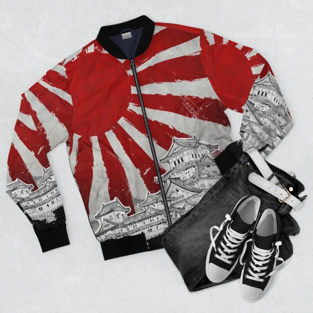 A Japanese-inspired bomber jacket with a bold, brushed red rising sun design. - Flat lay