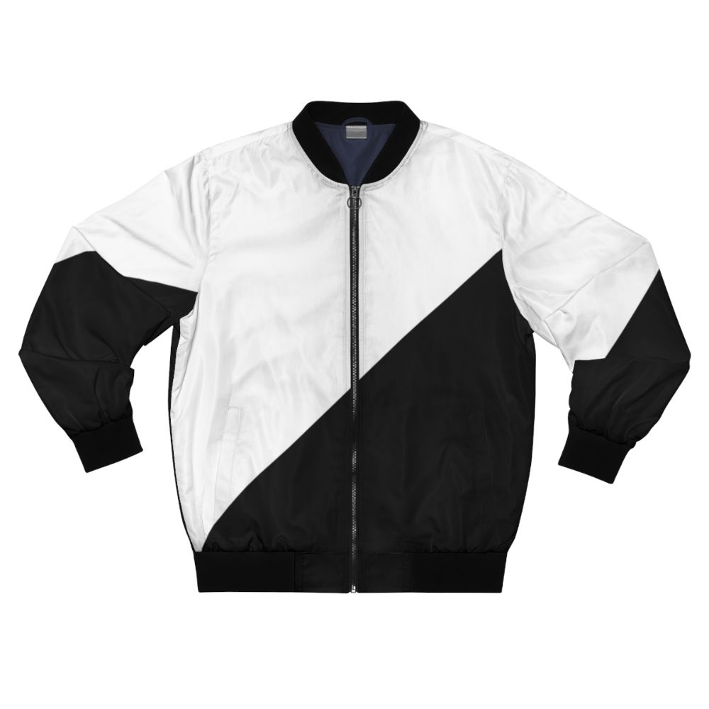 A stylish black and white diagonal half bomber jacket with a modern, geometric pattern.