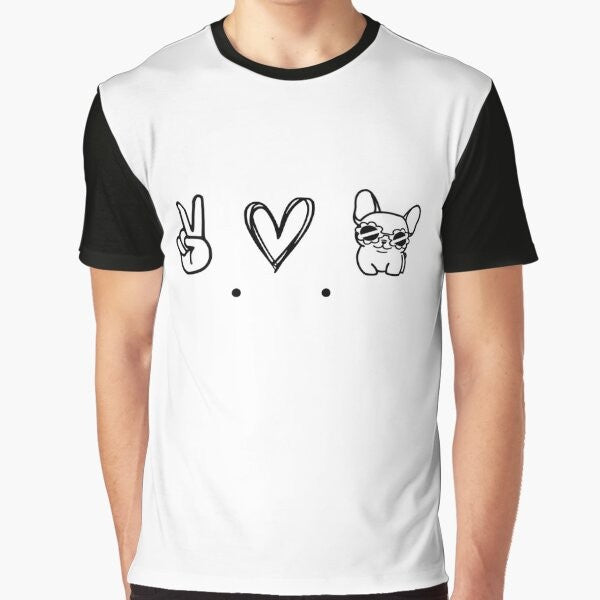 Minimalist graphic t-shirt design featuring a French bulldog with the text "Peace, Love and Frenchies"