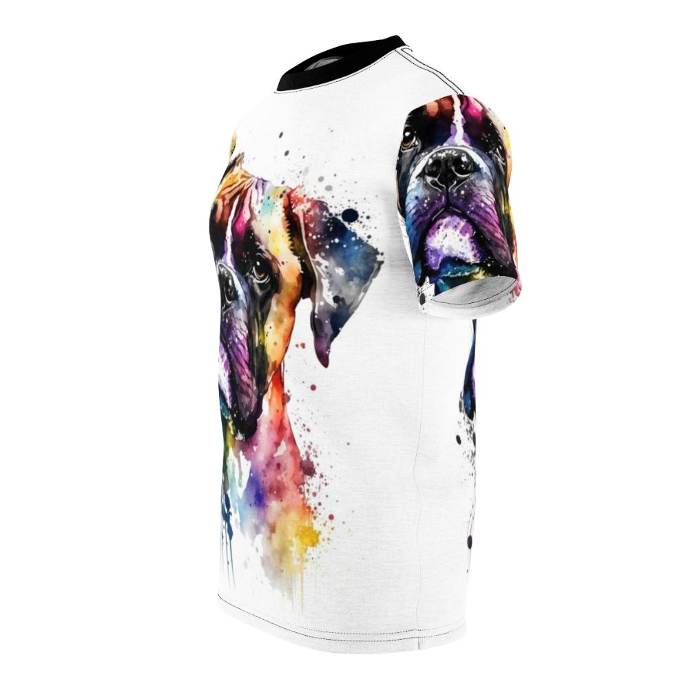 Colorful watercolor painting of a boxer dog's face on a t-shirt - men left