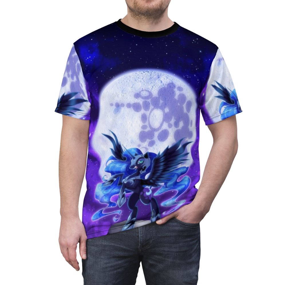 All over print t-shirt featuring a custom Nightmare Moon design, inspired by the My Little Pony franchise. - men front