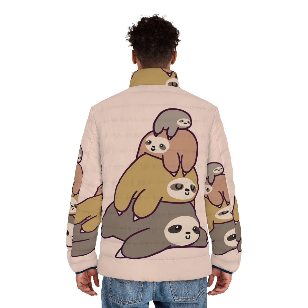 Sloth Stack Puffer Jacket featuring a cute, kawaii design of a pile of cartoon sloths - men back