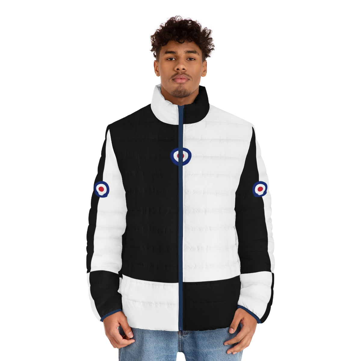 Mod-inspired black and white puffer jacket with mod logo - men front