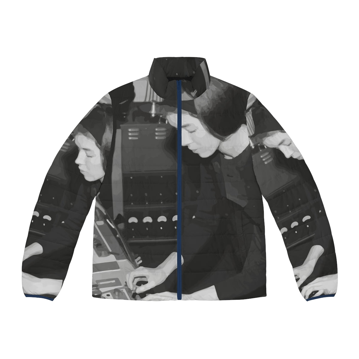 Delia Derbyshire themed puffer jacket with electronica and experimental music inspired design