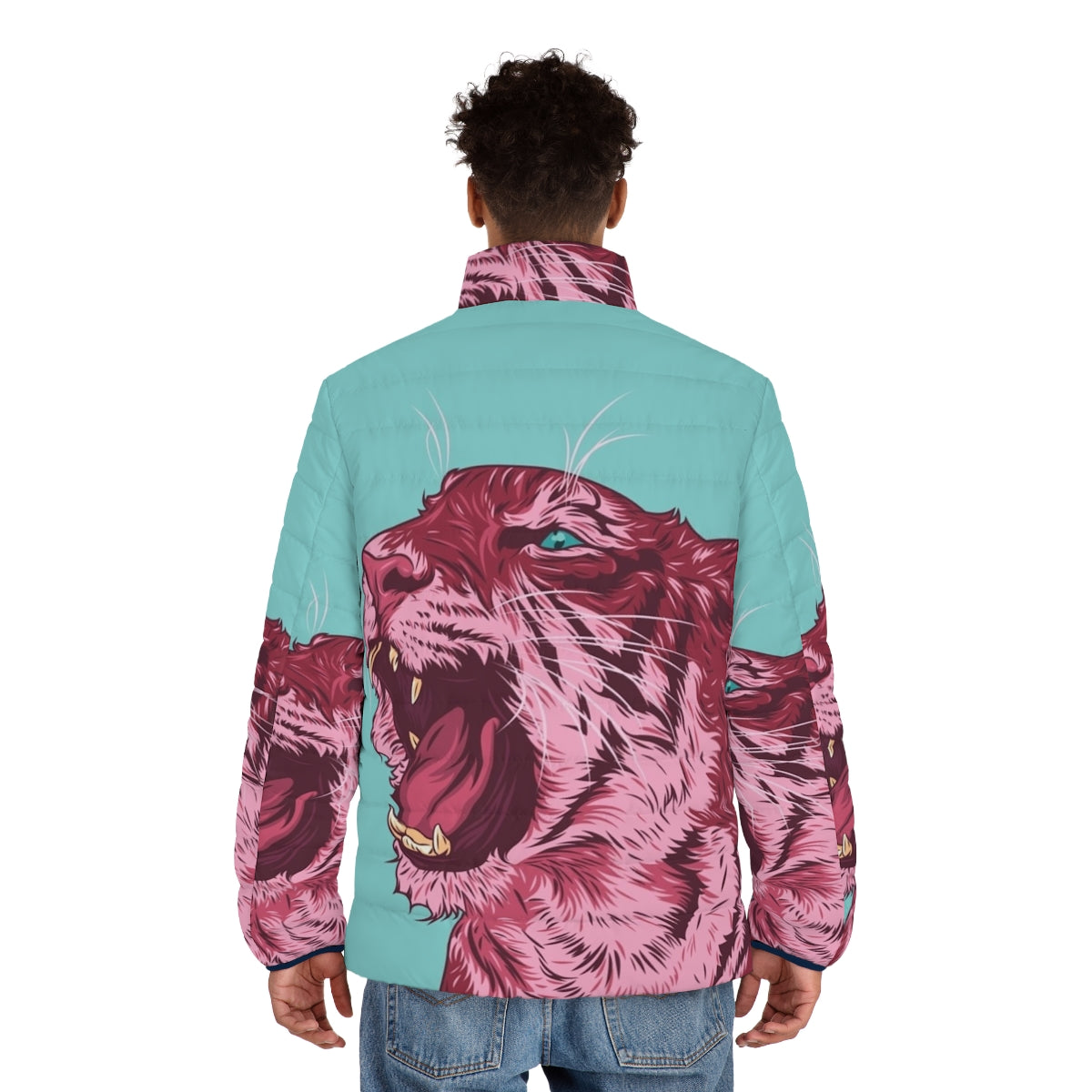 Magenta tiger puffer jacket with bold, vibrant pop art design - men back