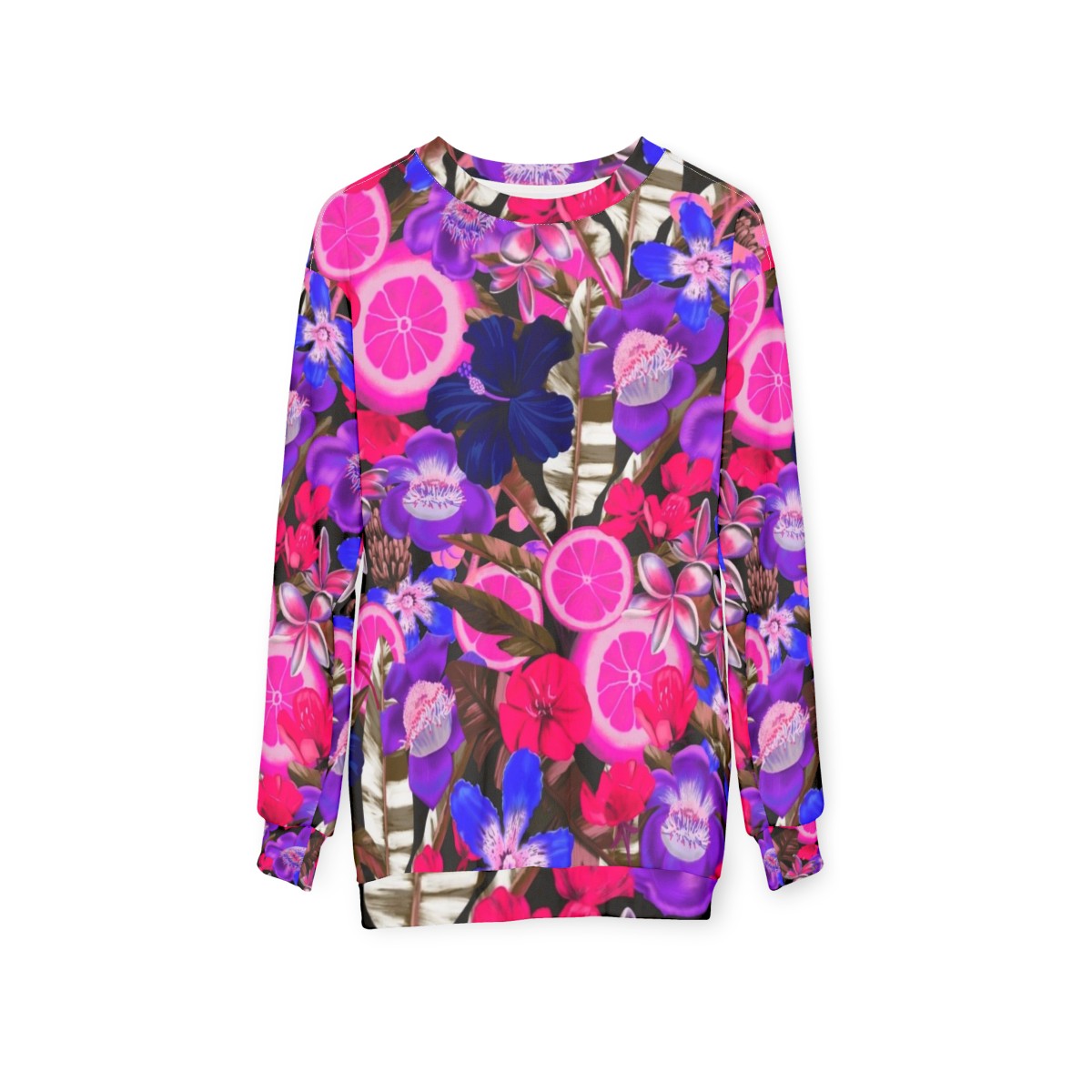 Blue sweatshirt with a colorful botanical and floral pattern - hanging