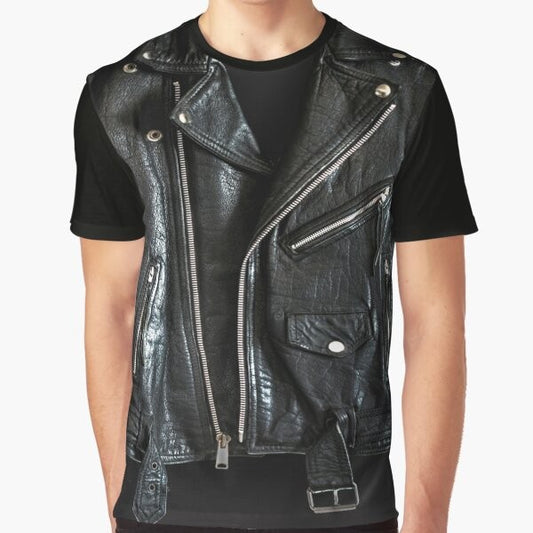 Black leather jacket graphic t-shirt with biker and motorcycle design