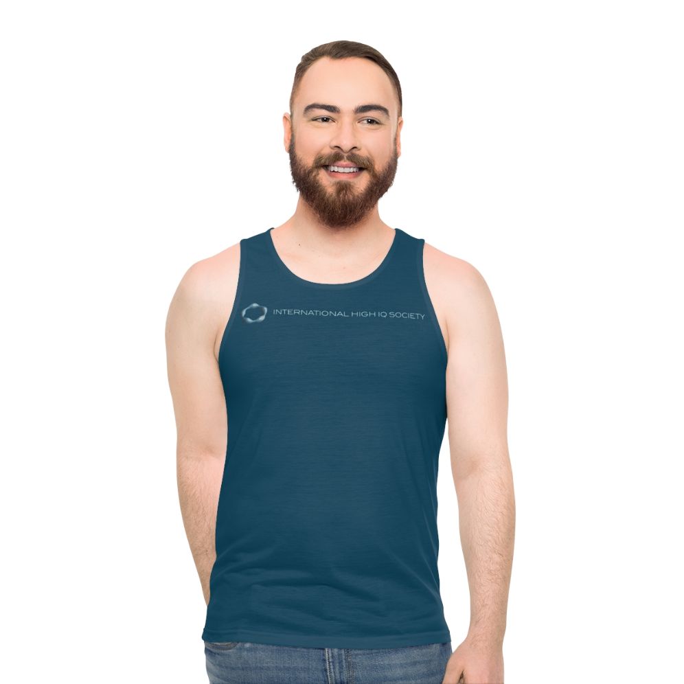 Unisex blue tank top with high IQ society logo - men