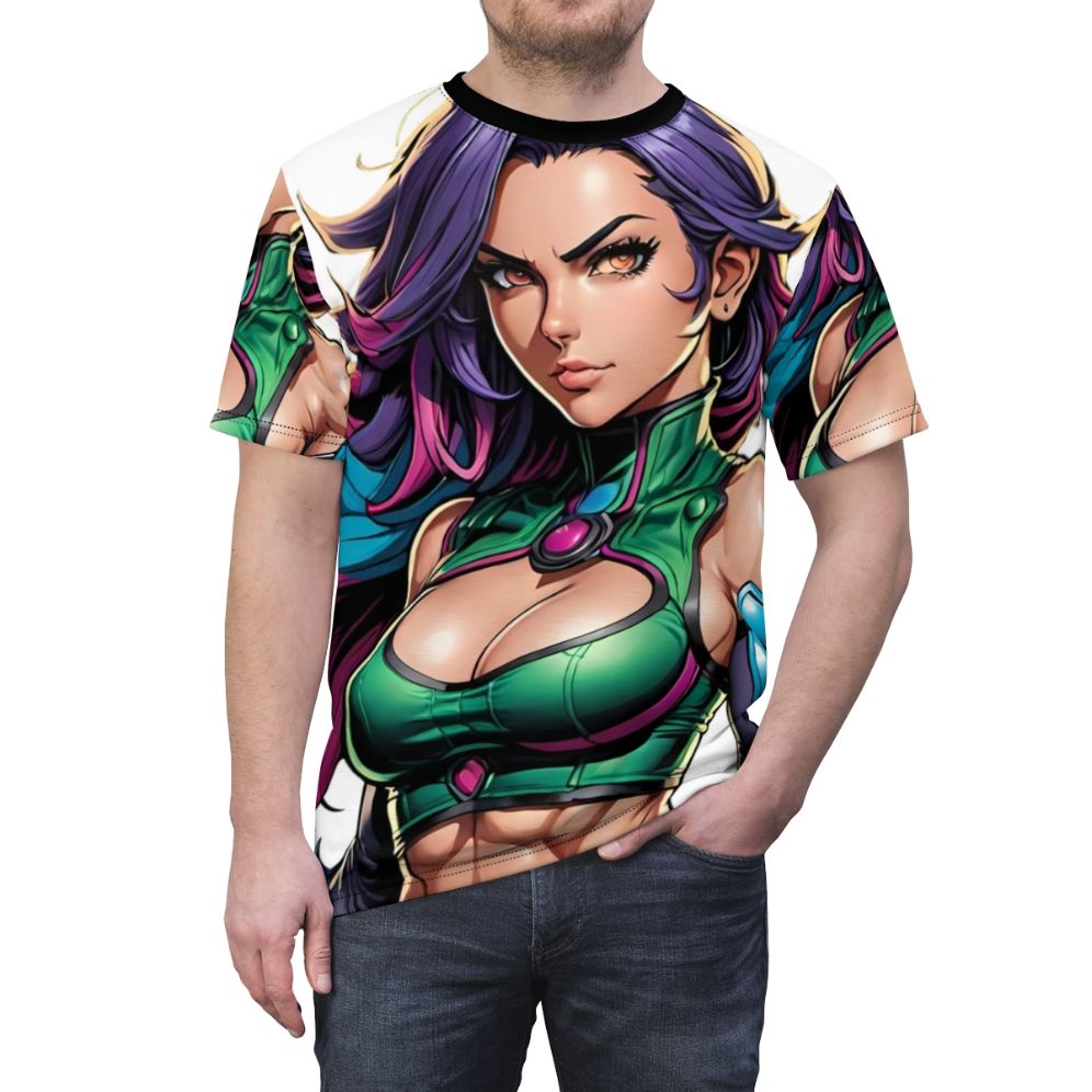 Magnificent and powerful female superhero graphic on a high-quality t-shirt. - men front