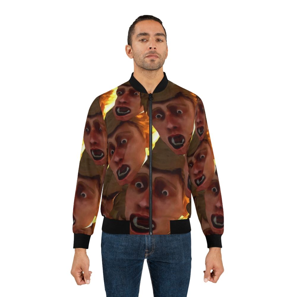 "Chad Is Afraid" Friday the 13th-inspired bomber jacket with a scared, funny face design - Lifestyle