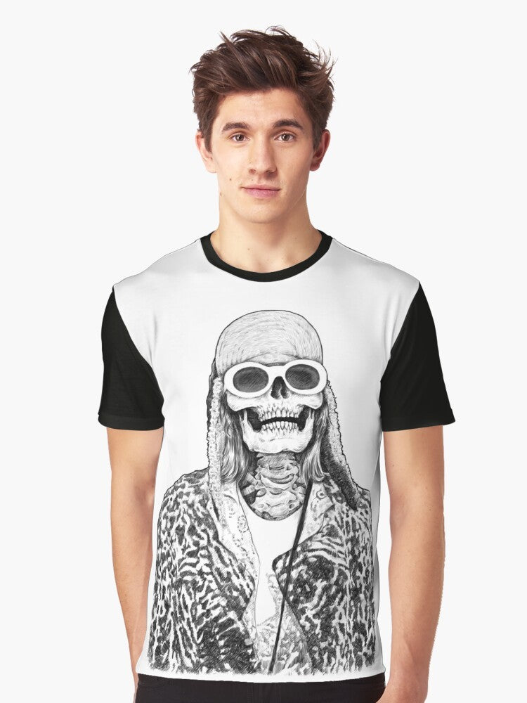 A graphic t-shirt featuring a skull design inspired by Kurt Cobain and Nirvana's grunge music. - Men