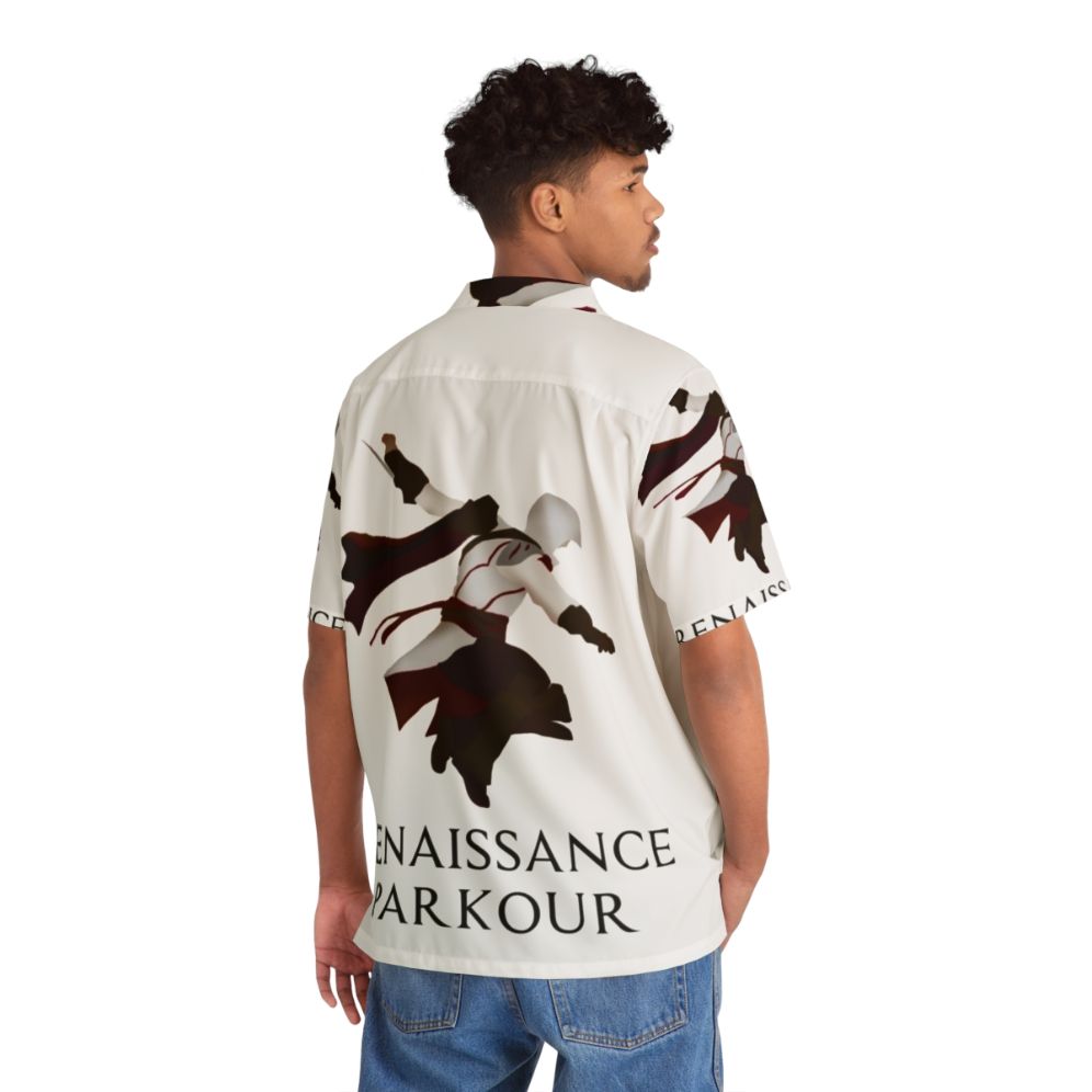 Assassin's Creed inspired Hawaiian shirt with parkour and renaissance design - Flat lay