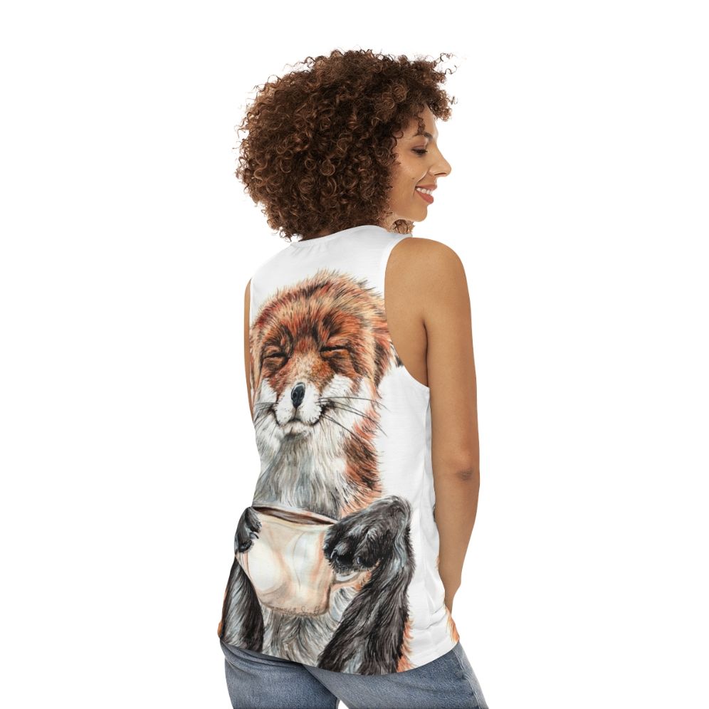 Cute Morning Coffee Fox Unisex Tank Top - women back