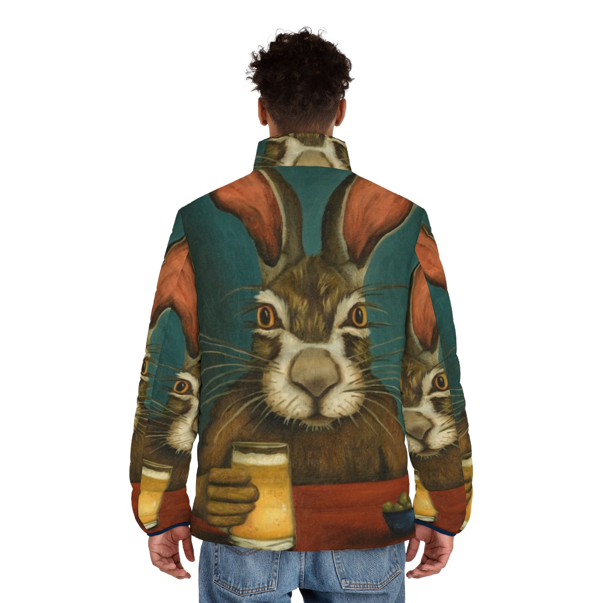 Puffer jacket with a bunny hopping design for a playful, humorous look - men back