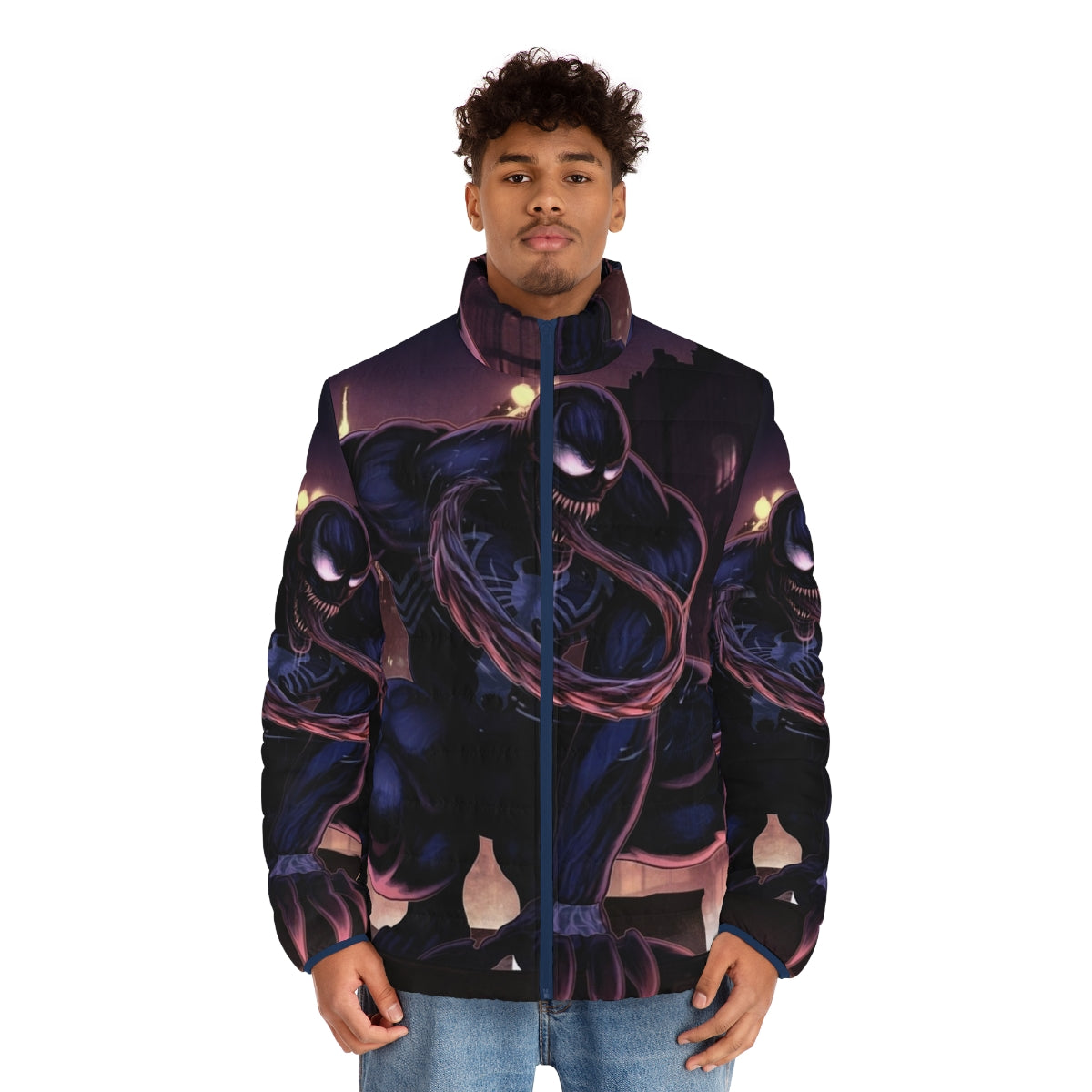 Venom-inspired puffer jacket with spider web design - men front