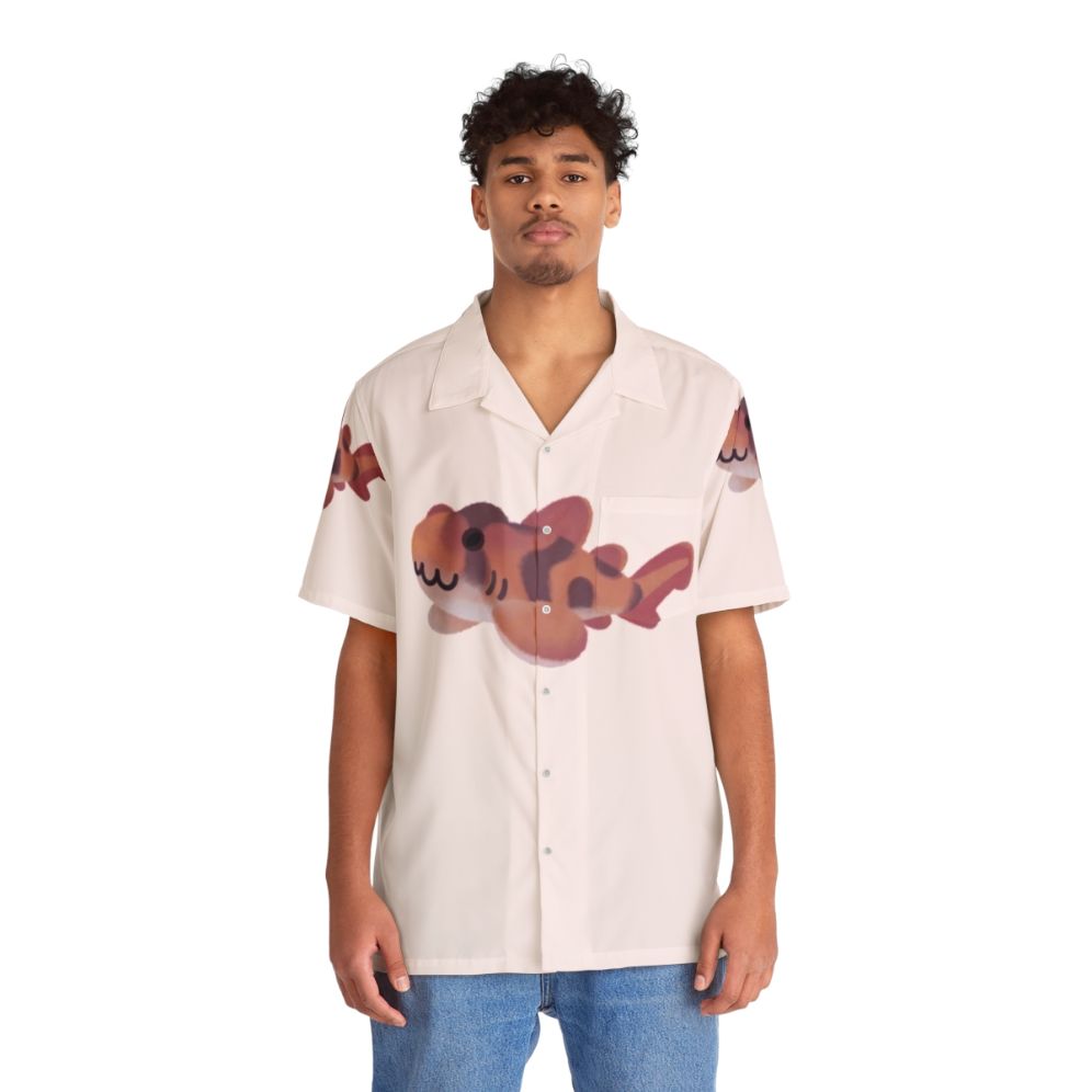 Pastel Hawaiian shirt with various shark and ocean life designs - People Front