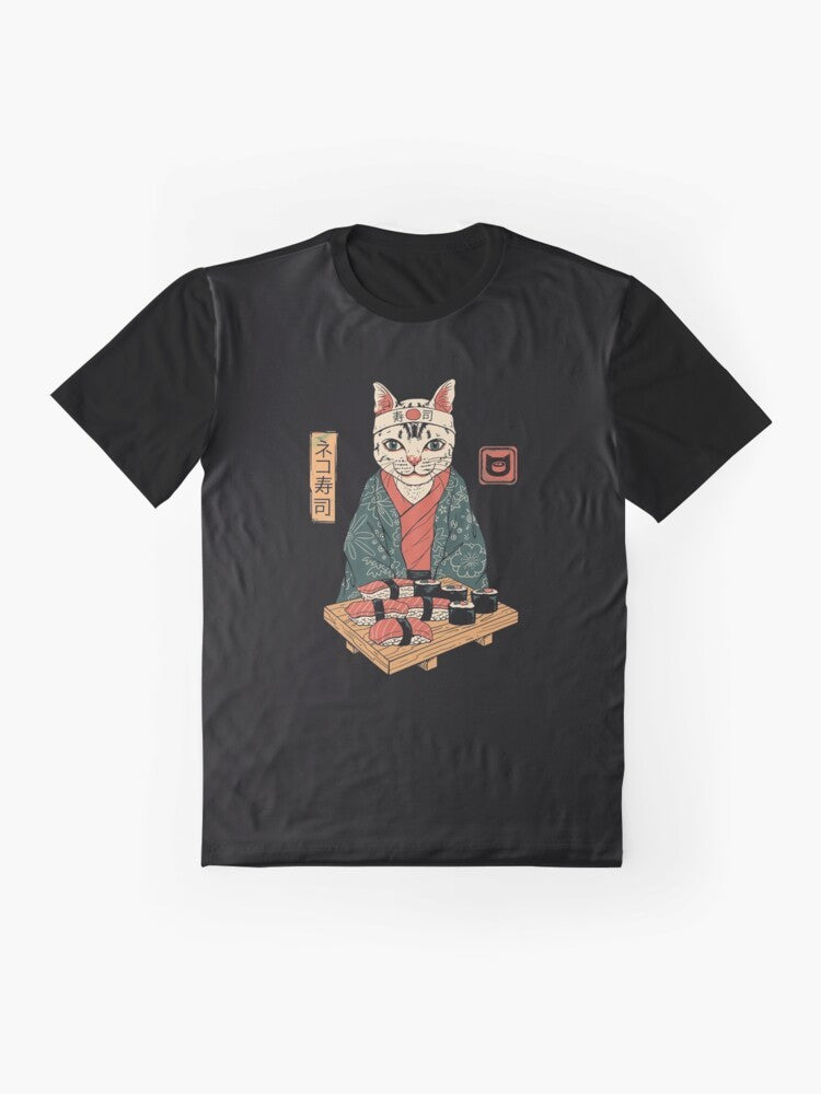 Neko Sushi Bar Graphic T-Shirt - Cute Cat and Sushi Design - Flat lay