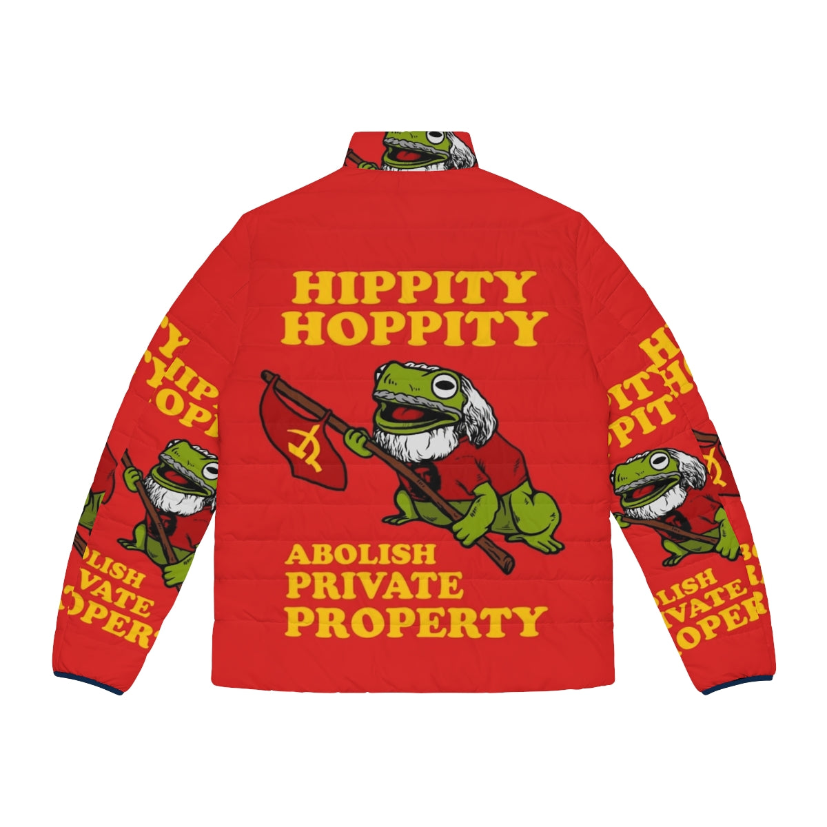 Hippity Hoppity Abolish Private Property Puffer Jacket featuring communist and socialist memes, hammer and sickle, and Che Guevara - Back