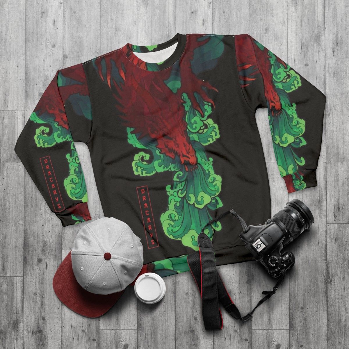 Japanese Dracarys Sweatshirt with Dragon Graphic - flat lay