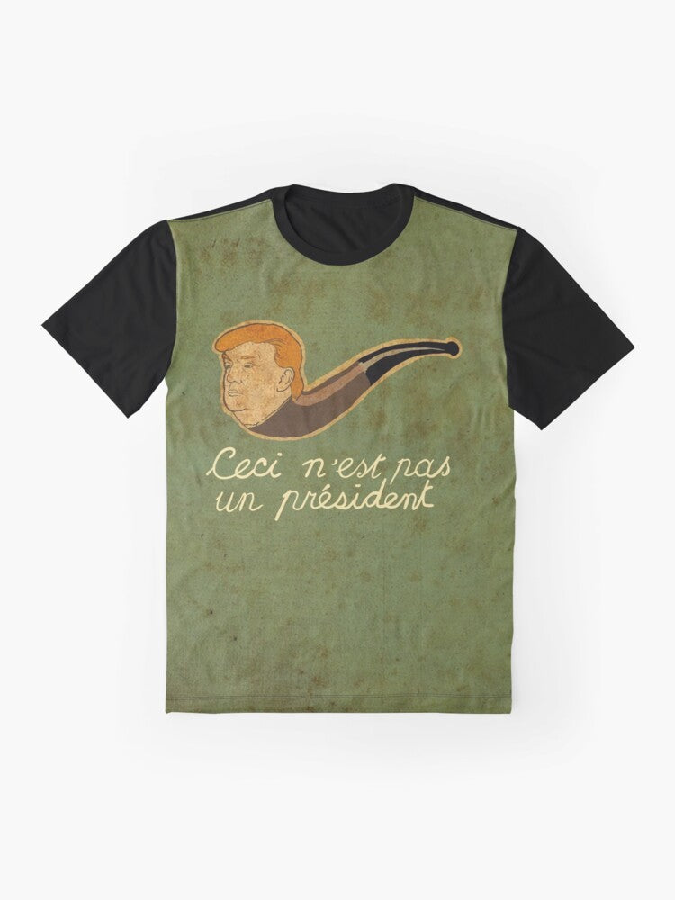 Surreal graphic t-shirt featuring the text "CECI N'EST PAS UN PRESIDENT" inspired by the works of René Magritte's surrealist art. - Flat lay