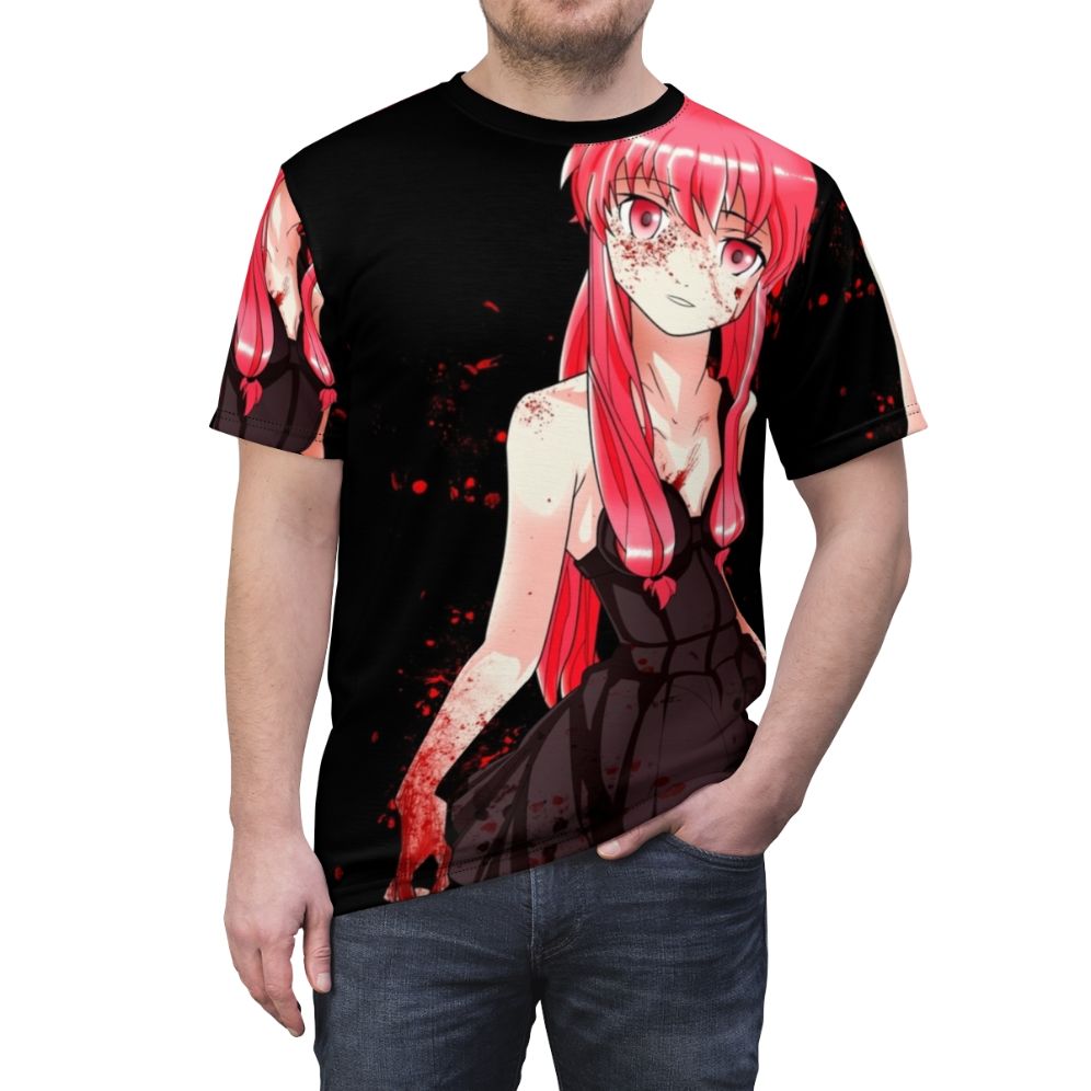 Bloody anime-inspired t-shirt featuring Yuno Gasai from the series Mirai Nikki - men front