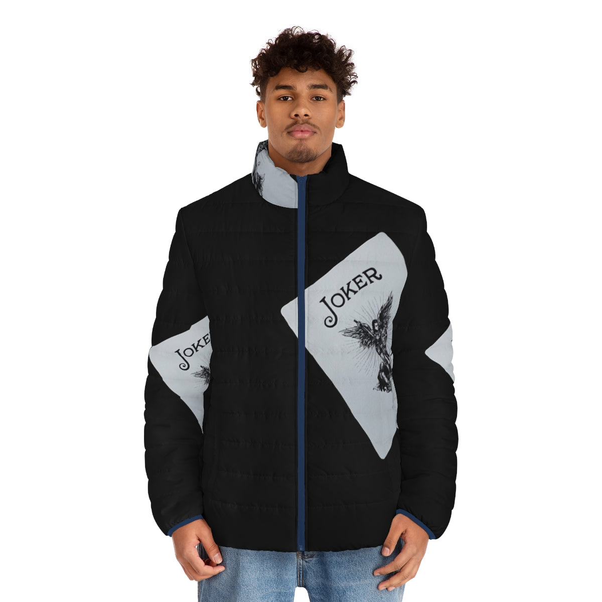 Joker Puffer Jacket with playing cards and tarot cards in the background - men front