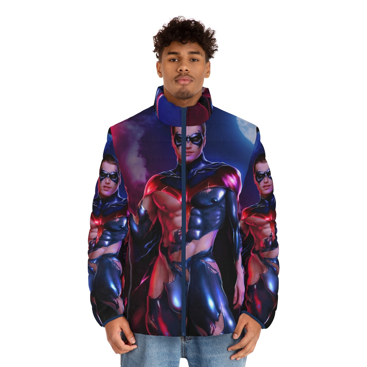 Red puffer jacket with superhero-inspired design - men front