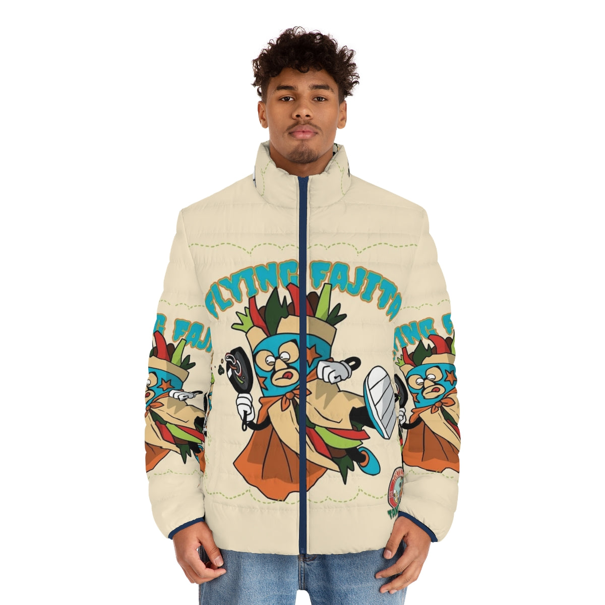 Vibrant puffer jacket with Mexican wrestling and food design - men front