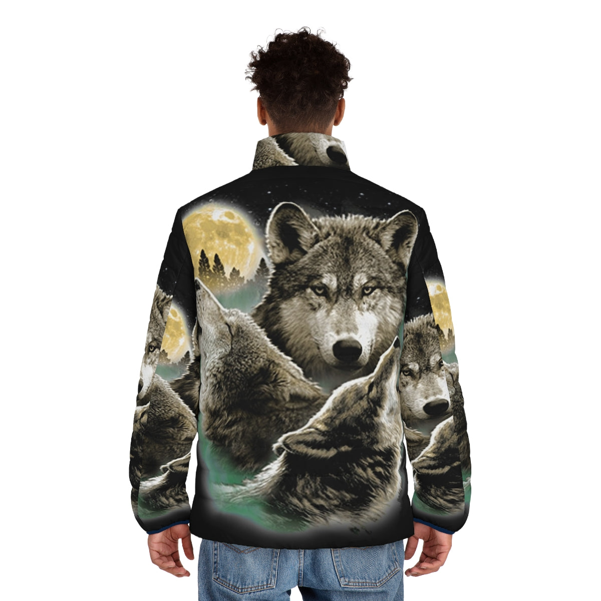 Puffer jacket featuring a night sky scene with three howling wolves against a full moon - men back