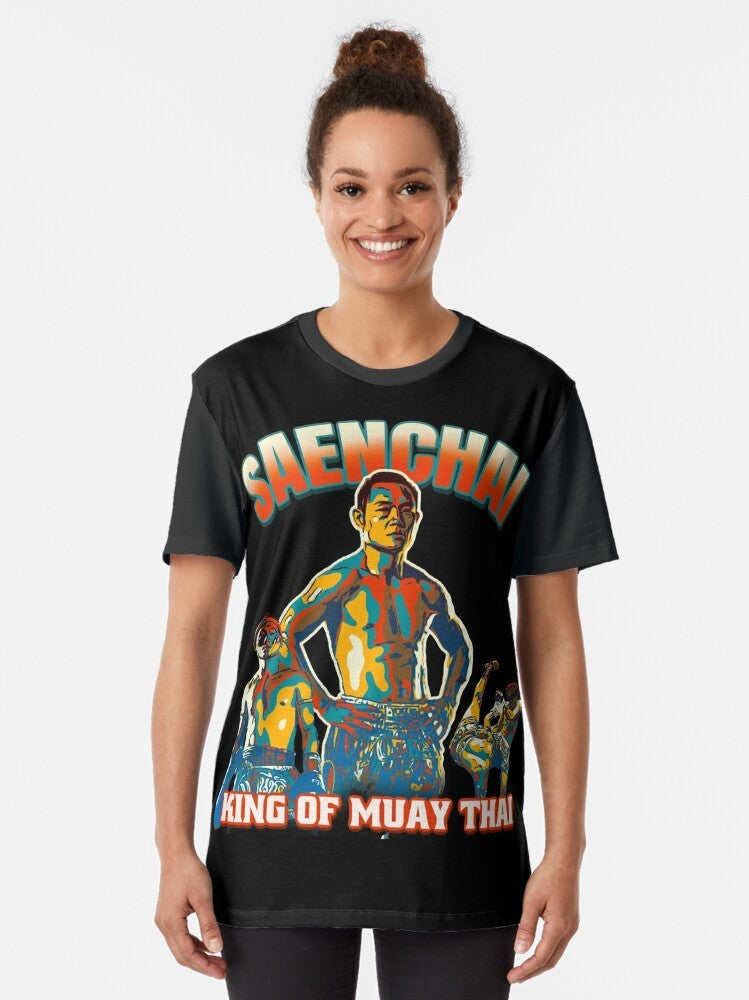 Saenchai, the legendary Muay Thai kickboxing champion, depicted in a graphic design on a t-shirt - Women