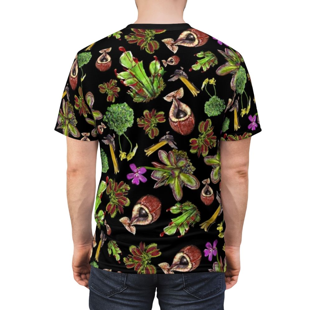 Alluring carnivorous plants printed on a black t-shirt, featuring a nature-inspired pattern. - men back