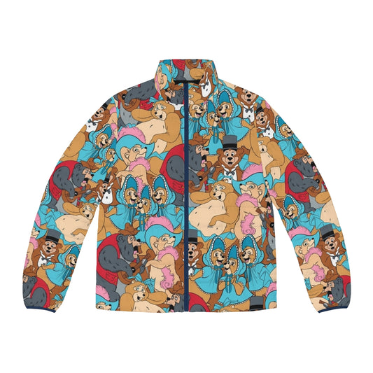 Puffer jacket featuring a charming Country Bear Jamboree pattern with characters like Big Al, Trixie, and Teddi Barra