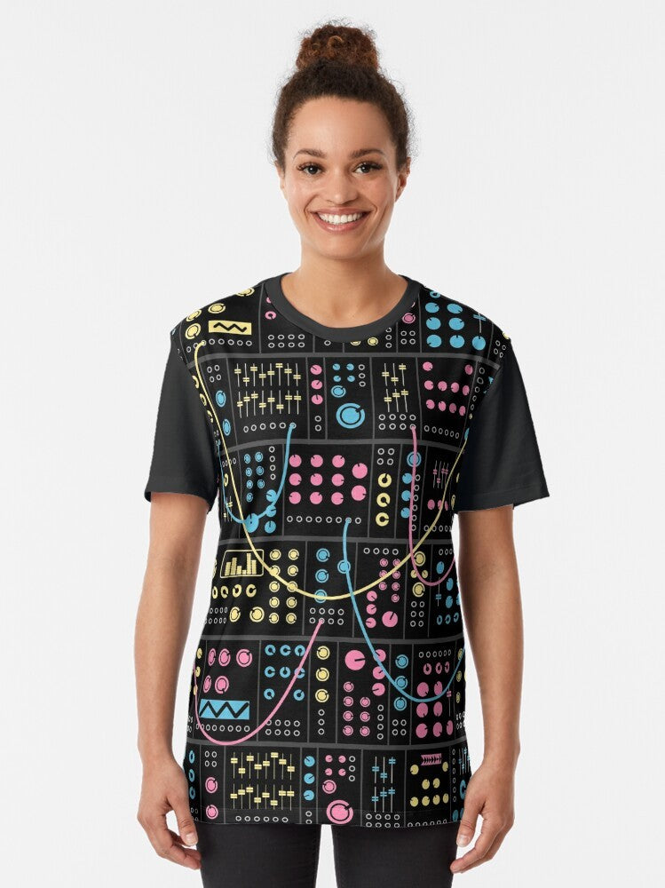 Modular synthesizer graphic t-shirt for electronic music enthusiasts, synth players, and music producers. - Women