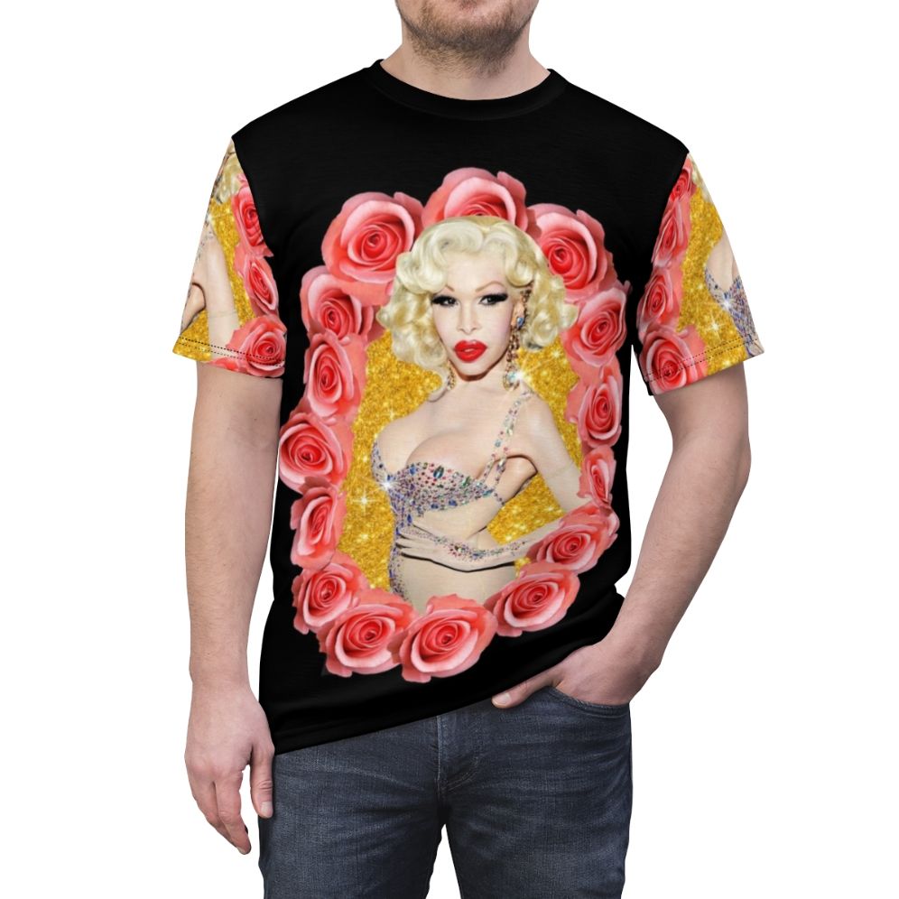 Vibrant AOP t-shirt featuring the iconic image of Amanda Lepore, a legendary LGBTQ figure and fashion icon. - men front