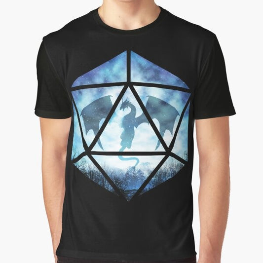 Blue Sky Ice Dragon D20 Graphic T-Shirt, perfect for DND and RPG fans