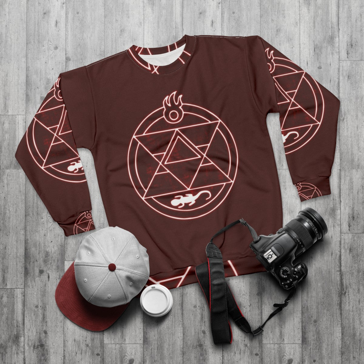 Flame Alchemist Sweatshirt with Roy Mustang design - flat lay