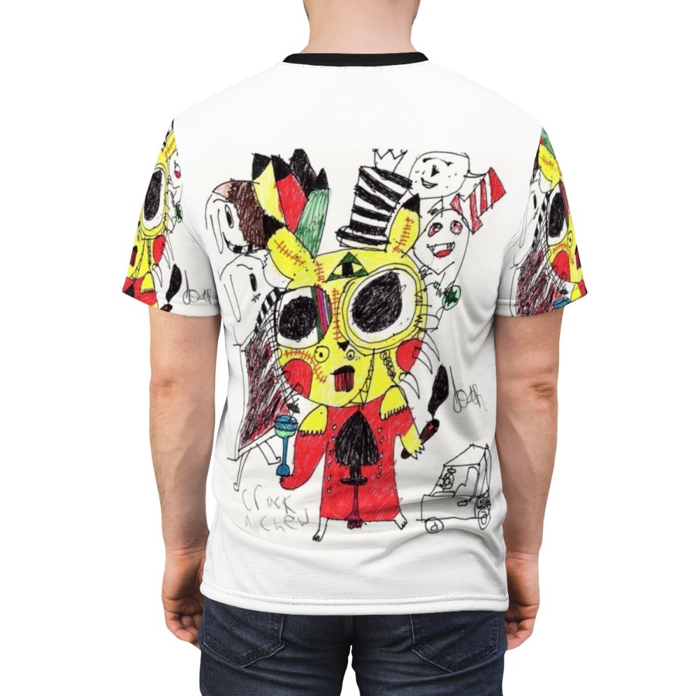 Vibrant psychedelic abstract t-shirt design with quirky, morphing elements - men back