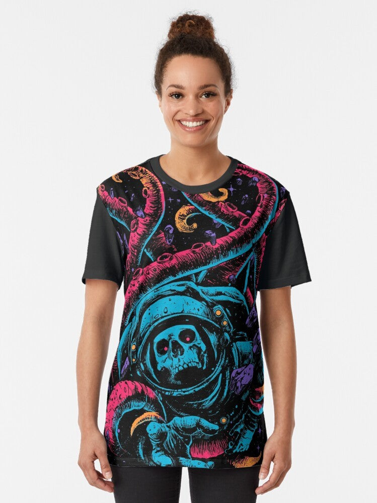 A colorful and surrealist graphic t-shirt featuring a lost, scary, and spooky design. - Women