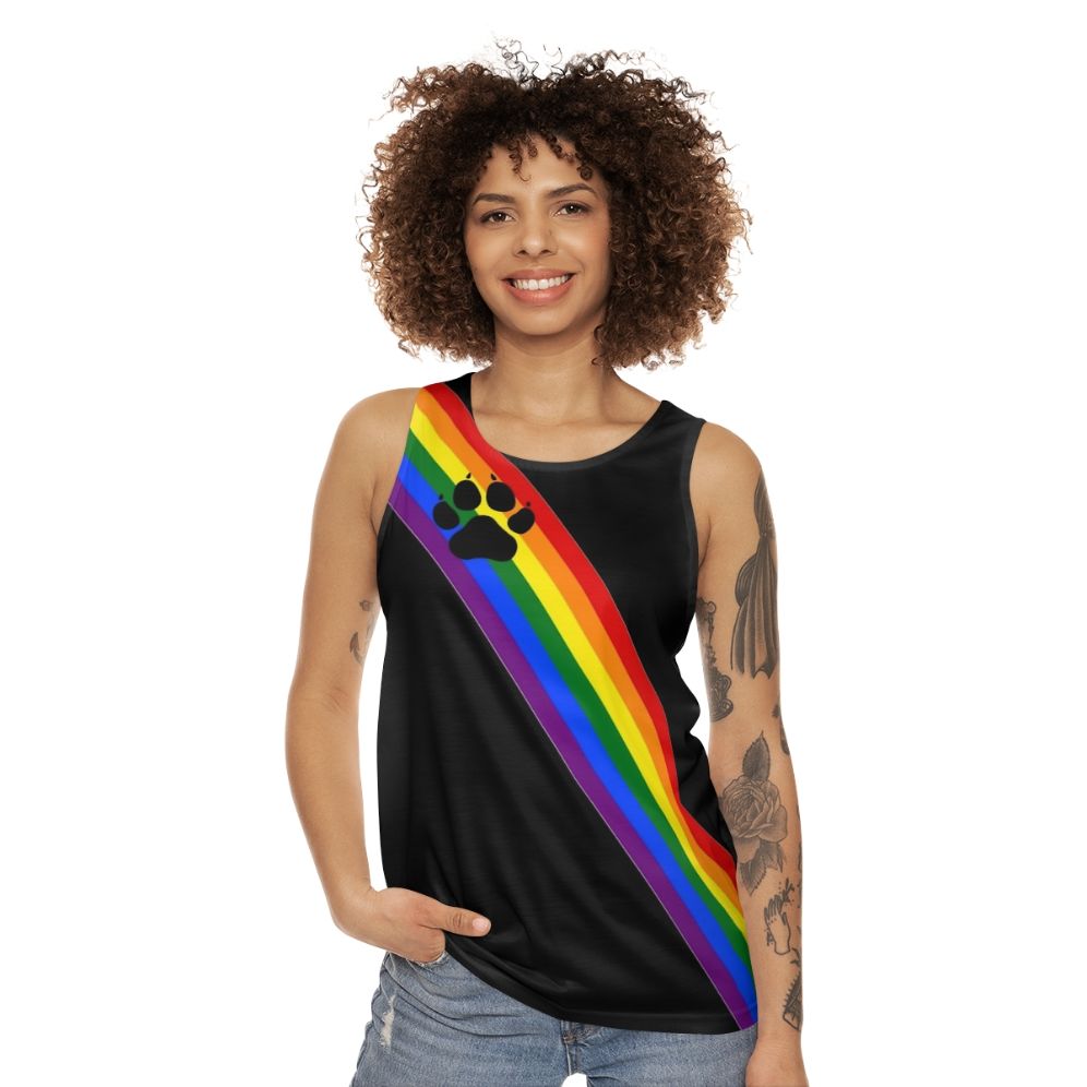 Unisex rainbow pup sash tank top for LGBTQ+ pride - women