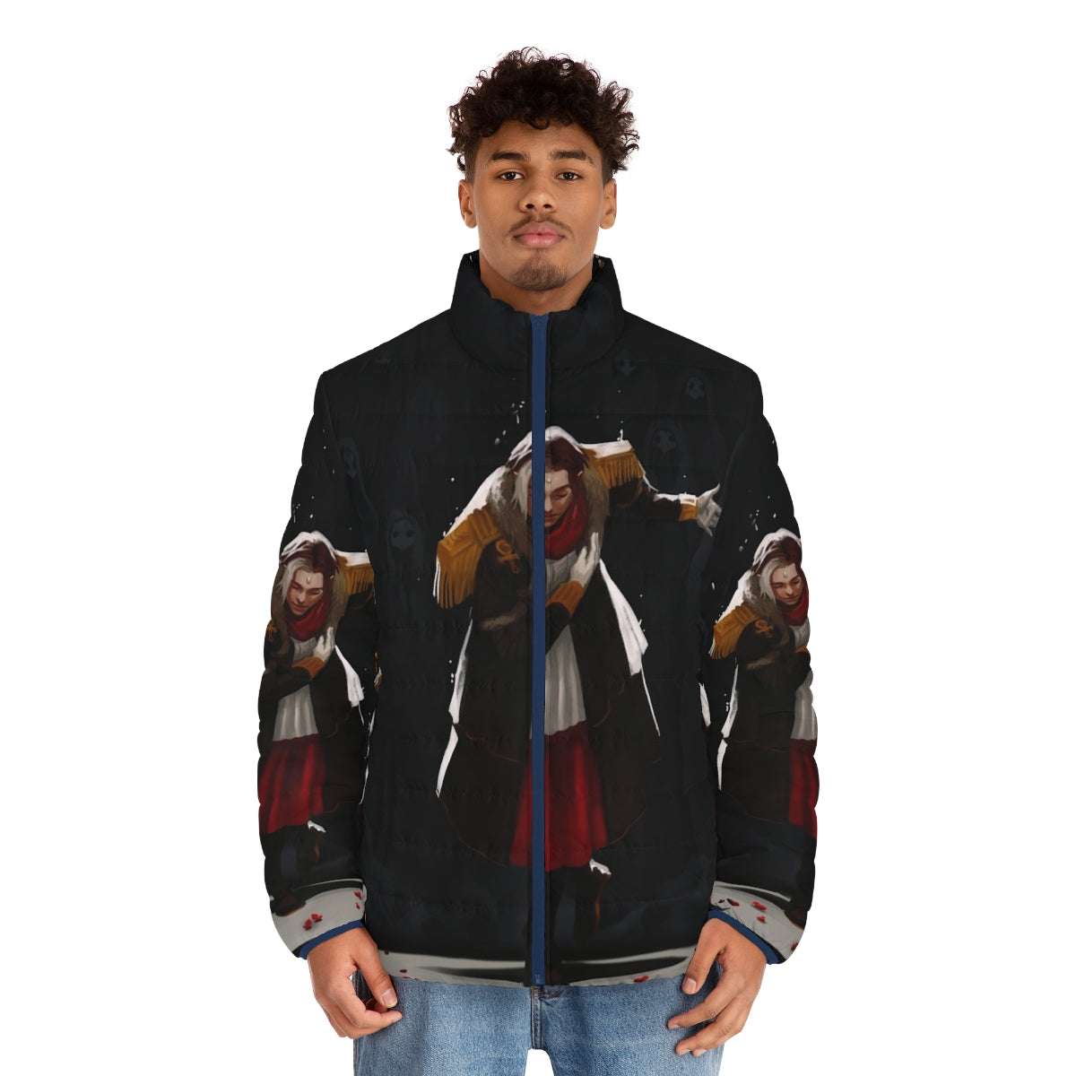 Ascian-inspired FFXIV Curtain Call puffer jacket with fantasy rose design - men front