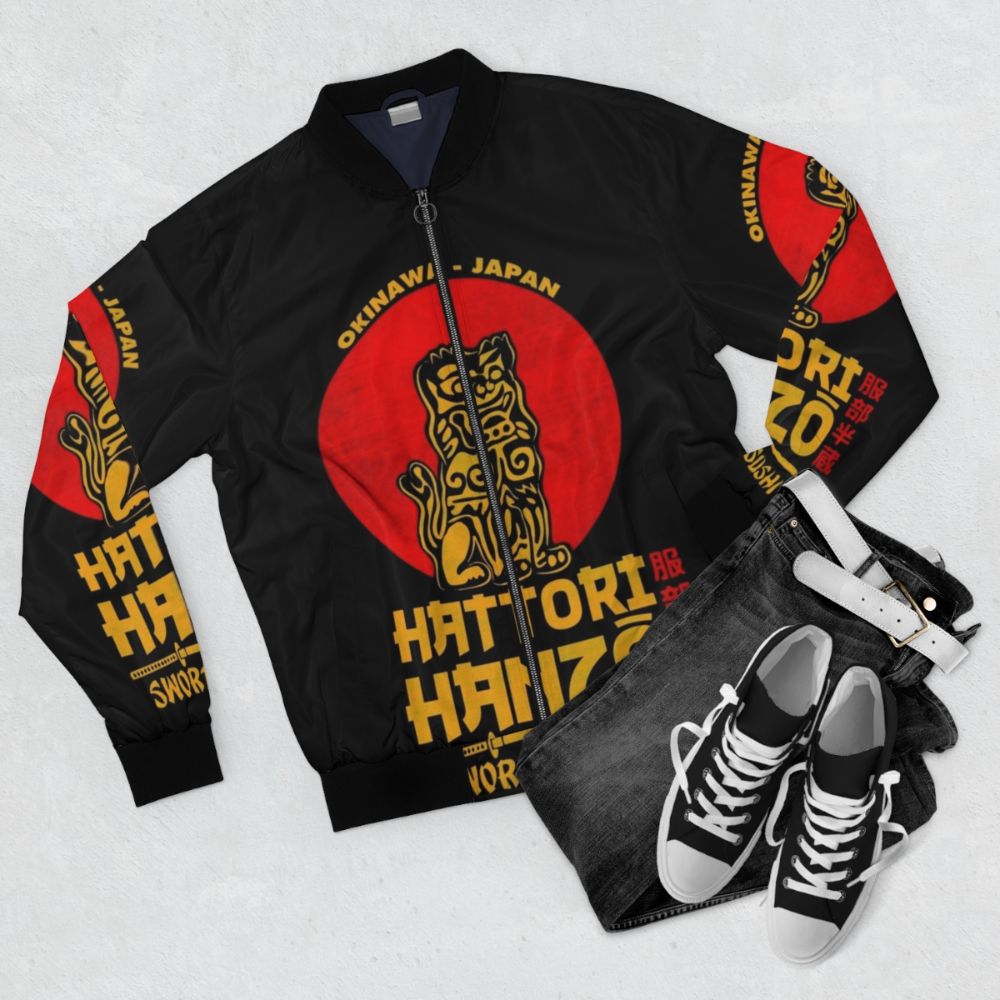 Hattori Hanzo inspired bomber jacket with Japanese samurai and anime design elements - Flat lay