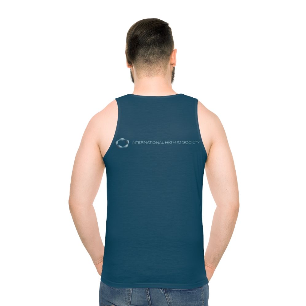 Unisex blue tank top with high IQ society logo - men back