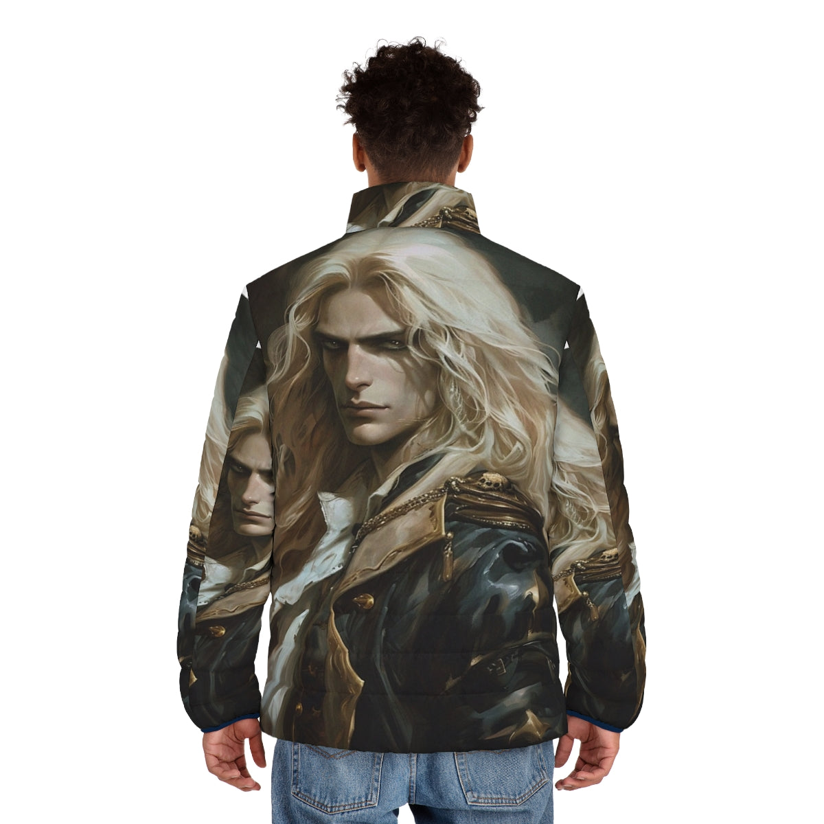 Alucard Castlevania Themed Puffer Jacket with Iconic Vampire and Gaming Imagery - men back