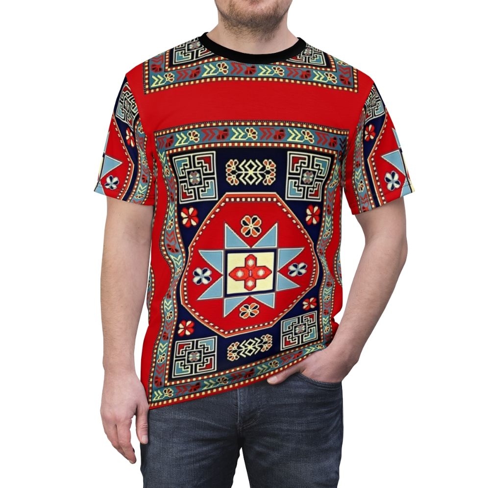 A t-shirt featuring a vibrant design inspired by traditional Armenian folk art - men front