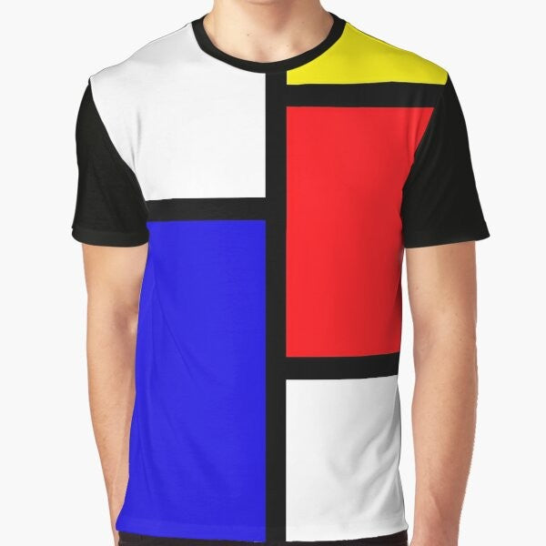 Mondrian-inspired geometric graphic t-shirt with primary colors of red, blue, and yellow