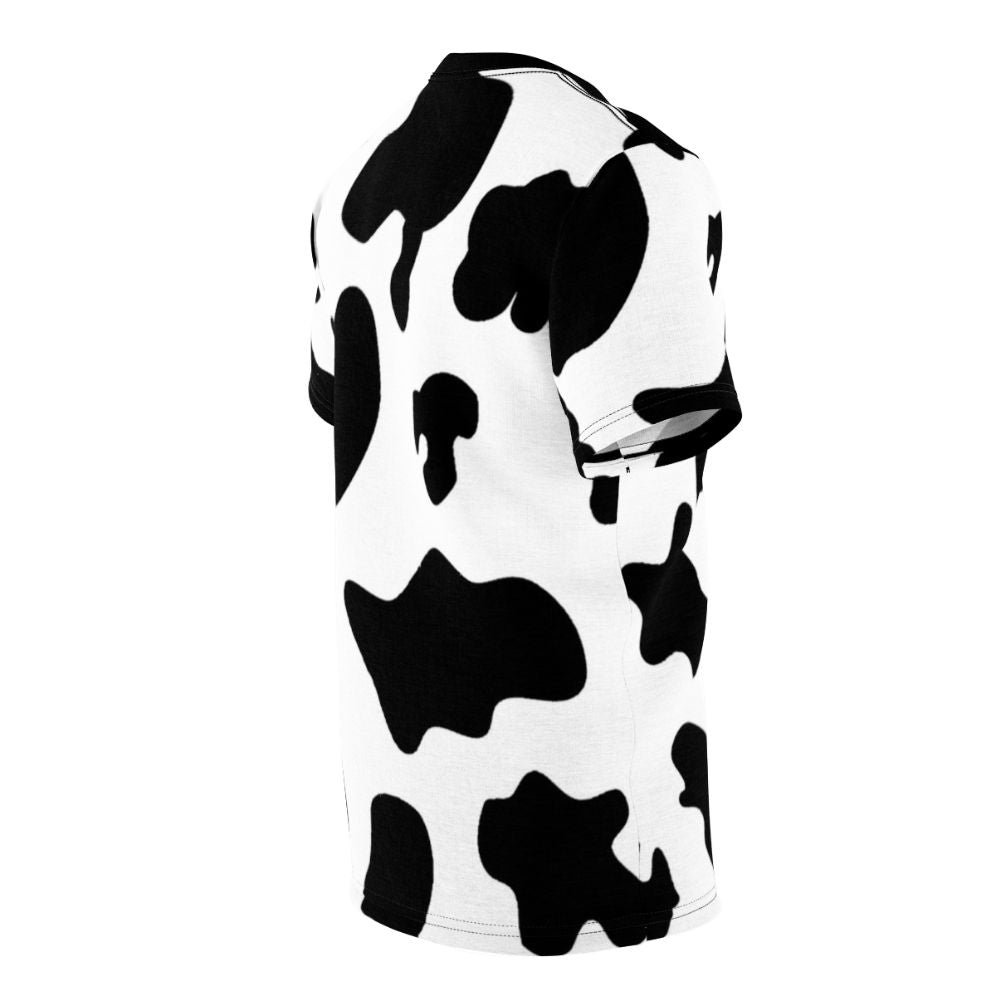 Closeup of a cow pattern animal print t-shirt with a vibrant design - men right